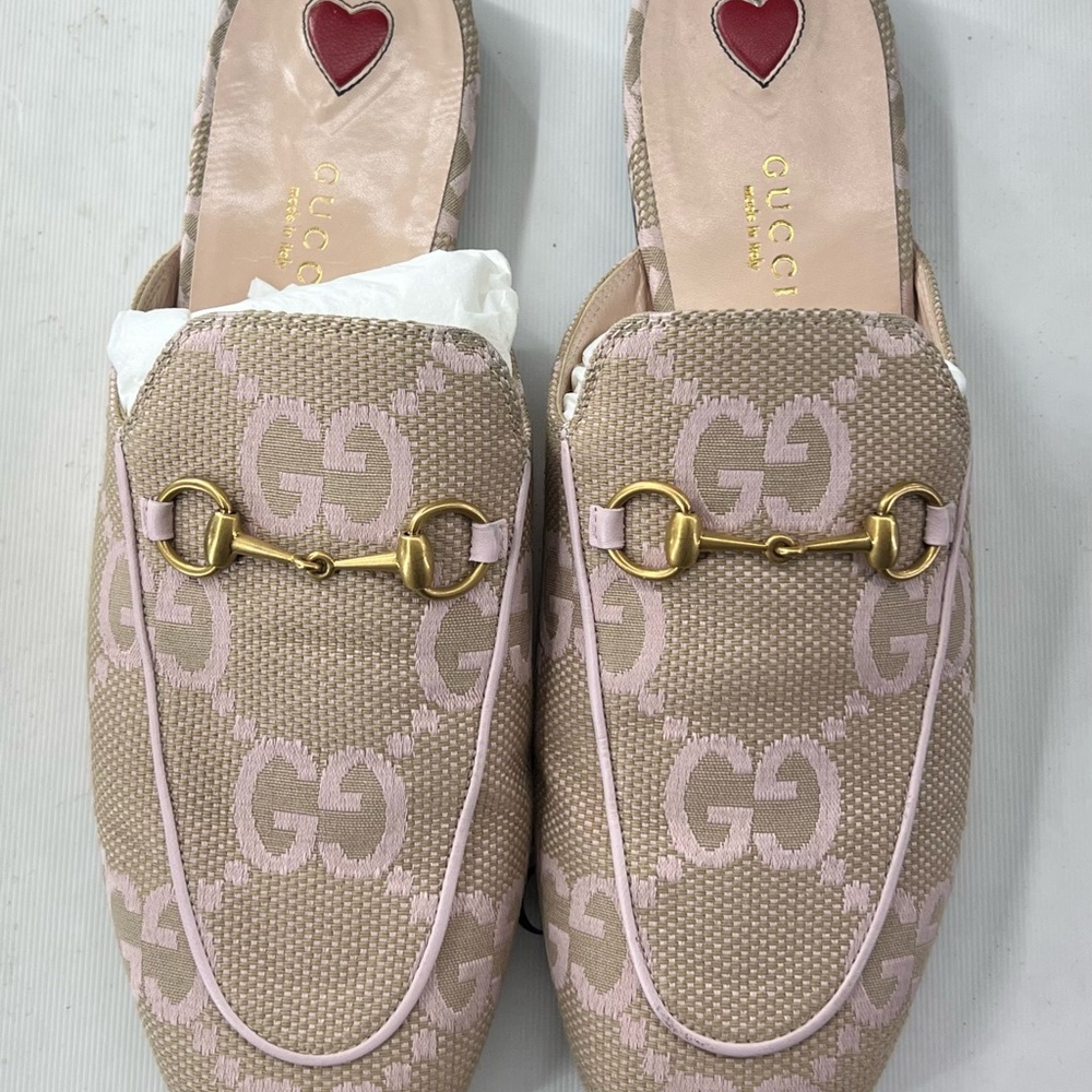Gucci Beige and Pink GG Canvas Horsebit Mules